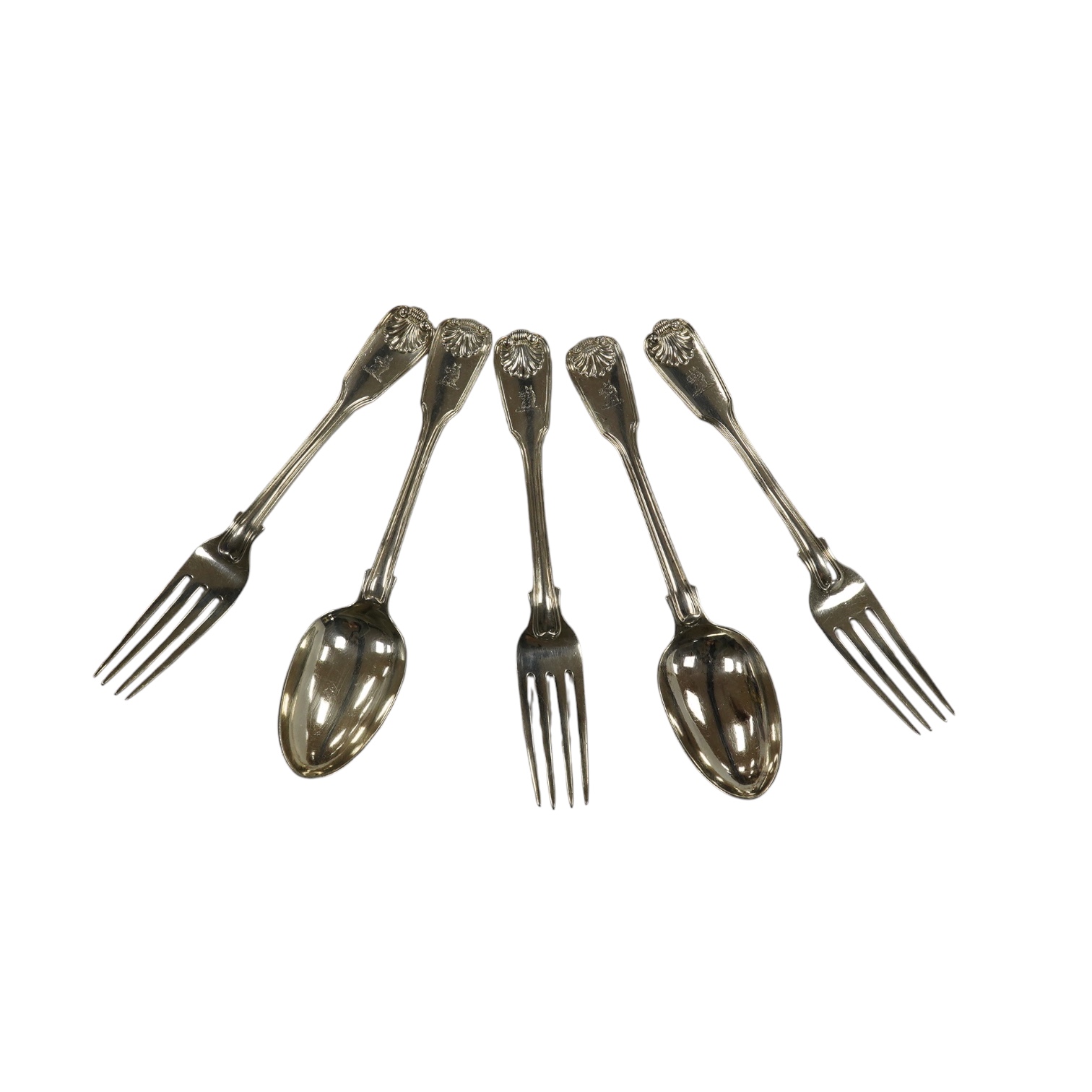 A set of six George IV silver fiddle, thread and shell pattern dessert forks and six matching spoons, William Chawner, London, 1827, 22.4oz. Condition - poor to fair